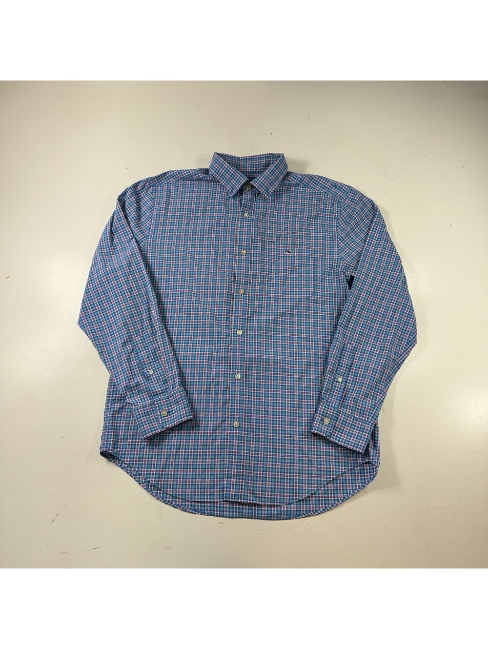 Vineyard Vines Performance Tucker Shirt L/S Blue Pink Plaid Men’s Size Medium